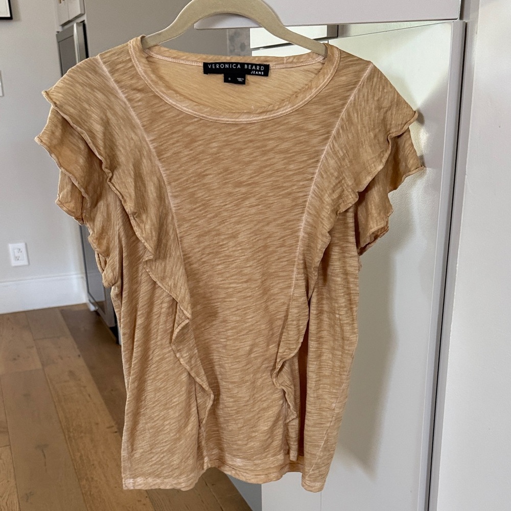Veronica Beard Beige/Gold Ruffle Sleeve Tee